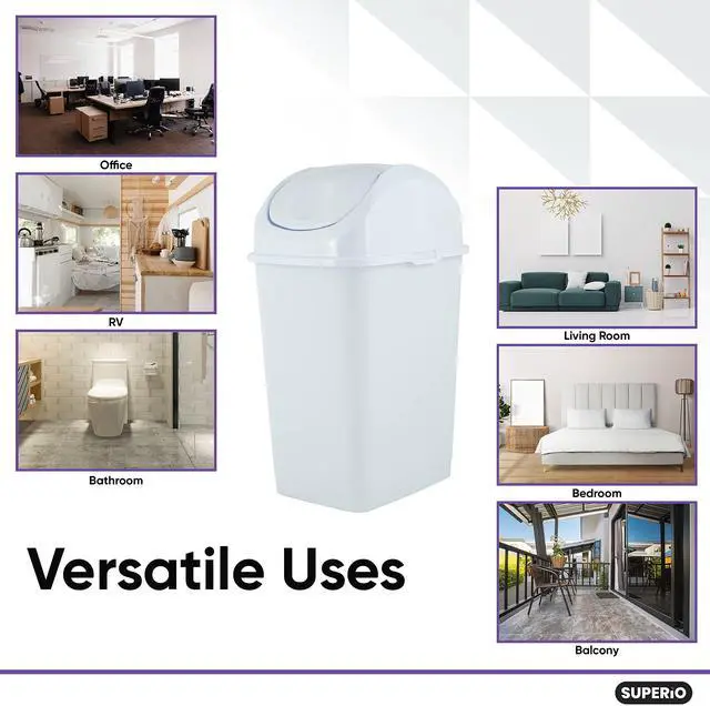 Alt view image 5 of 6 - Small 2.5 Gallon Plastic Trash Can with Swing Top Lid, Compact Slim Waste Bin for Under Desk, Office, Bedroom, Bathroom, Dorm Room, 10 Qt. Portable Garbage Can (White)