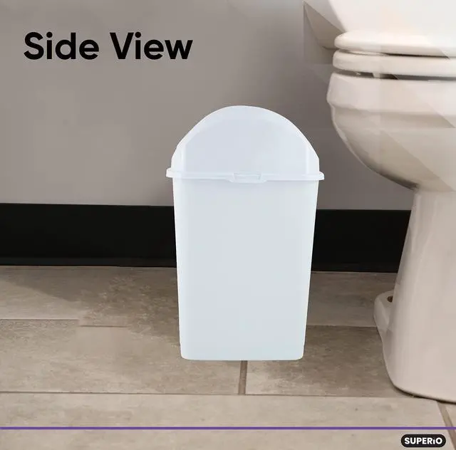 Alt view image 6 of 6 - Small 2.5 Gallon Plastic Trash Can with Swing Top Lid, Compact Slim Waste Bin for Under Desk, Office, Bedroom, Bathroom, Dorm Room, 10 Qt. Portable Garbage Can (White)