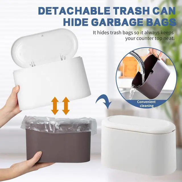 Alt view image 3 of 7 - Mini Trash Can with Lid - Removable Small Garbage Can, Tiny Plastic Trash Bin, Pop Up Countertop Wastebasket, Counter Garbage Lint Bin for Bathroom,Office,Kitchen,Desk,Coffee Table(White)