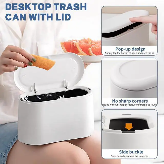 Alt view image 4 of 7 - Mini Trash Can with Lid - Removable Small Garbage Can, Tiny Plastic Trash Bin, Pop Up Countertop Wastebasket, Counter Garbage Lint Bin for Bathroom,Office,Kitchen,Desk,Coffee Table(White)