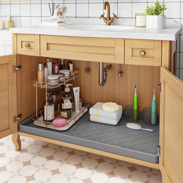 Alt view image 5 of 7 - Under Sink Mat 34" x 22" Waterproof Silicone Cabinet Kitchen Liner