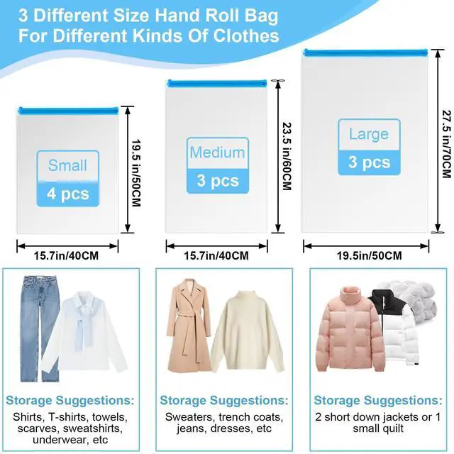 Alt view image 3 of 7 - 10 PCS Compression Bags for Travel Essentials, 3 Sizes Space Saver Bags, No Vacuum or Pump Needed, Roll Up Vacuum Packing for Clothing Storage, Cruise Accessories, Luggage & Home Organizers
