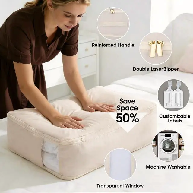Alt view image 2 of 7 - 4 Pack Comforter Storage Bag, 68L Blanket Storage Bags Self Compression Comforter Organizer and Storages, Space Saving Washable Compression Bags for Blanket Bedding Pillow Duvet Quilt, Beige