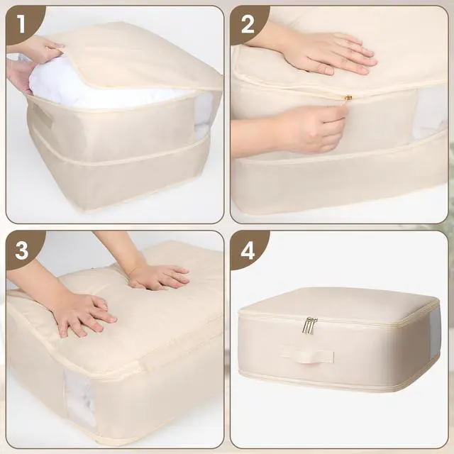 Alt view image 3 of 7 - 4 Pack Comforter Storage Bag, 68L Blanket Storage Bags Self Compression Comforter Organizer and Storages, Space Saving Washable Compression Bags for Blanket Bedding Pillow Duvet Quilt, Beige