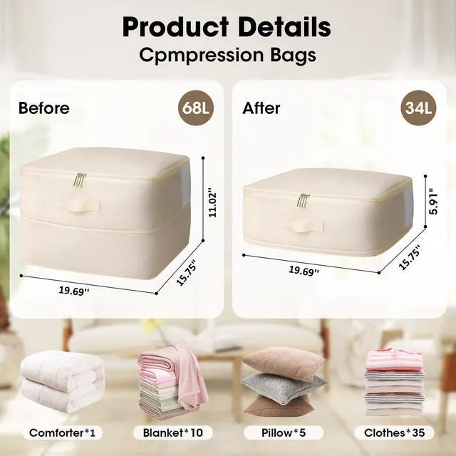 Alt view image 7 of 7 - 4 Pack Comforter Storage Bag, 68L Blanket Storage Bags Self Compression Comforter Organizer and Storages, Space Saving Washable Compression Bags for Blanket Bedding Pillow Duvet Quilt, Beige