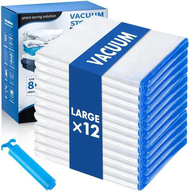 Main image of Vacuum Storage Bags with Hand Pump, 12 Large Compression Space Saver Vacuum Seal Bags for Clothing, Travel, Luggage, Comforters, Blankets, Pillows, Bedding, Duvets