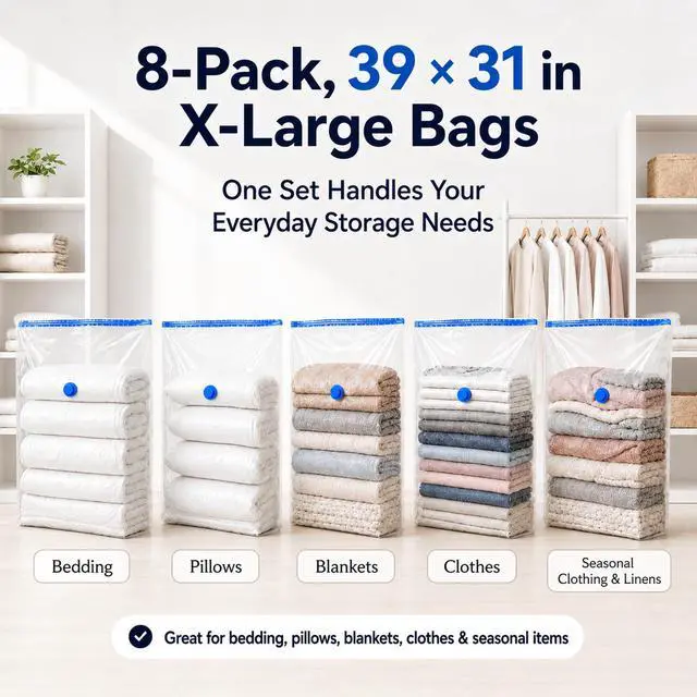 Alt view image 5 of 7 - Jumbo Vacuum Storage Bags, 39 x 31 in, X-Large Space Saver Bags, 8 Pack with Hand Pump for Comforters, Blankets, Bedding, and Clothes
