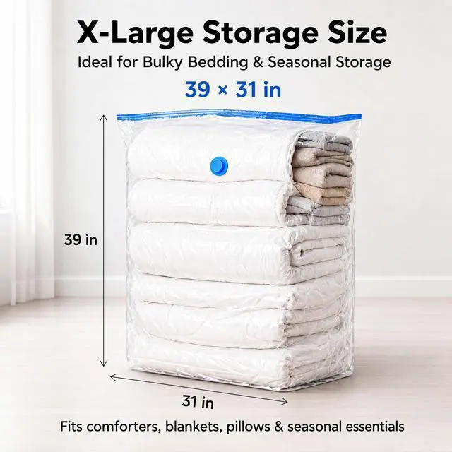 Alt view image 2 of 7 - Jumbo Vacuum Storage Bags, 39 x 31 in, X-Large Space Saver Bags, 8 Pack with Hand Pump for Comforters, Blankets, Bedding, and Clothes