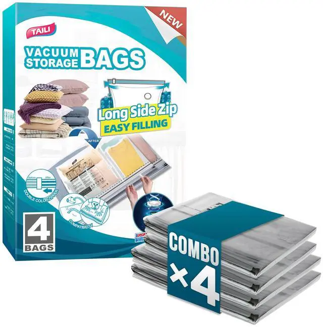 Main image of Vacuum Storage Bags 4 Pack, 2 Size Combo(2 Large+2 Jumbo), LONG SIDE ZIP Vacuum Seal Bags for Clothing, Space Saver for Beddings, Comforters, Blankets, Pillows
