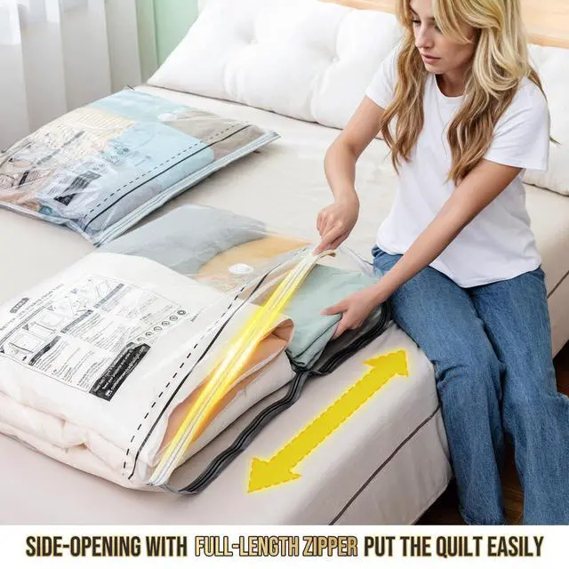 Alt view image 2 of 7 - Vacuum Storage Bags 4 Pack, 2 Size Combo(2 Large+2 Jumbo), LONG SIDE ZIP Vacuum Seal Bags for Clothing, Space Saver for Beddings, Comforters, Blankets, Pillows