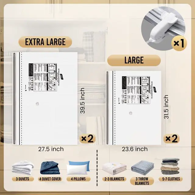 Alt view image 3 of 7 - Vacuum Storage Bags 4 Pack, 2 Size Combo(2 Large+2 Jumbo), LONG SIDE ZIP Vacuum Seal Bags for Clothing, Space Saver for Beddings, Comforters, Blankets, Pillows