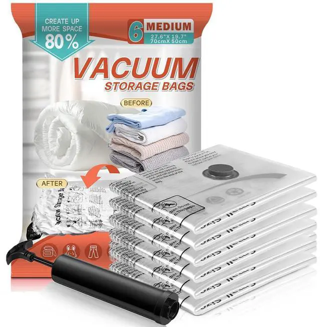 Main image of Vacuum Storage Bags 6 Pack Medium - Space Saver Bags for Comforters, Blankets, Clothes with Hand Pump - Compression Sealer Bags for Travel, Luggage, Moving, Closet Organization.