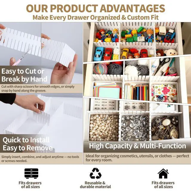 Alt view image 5 of 7 - Drawer Divider Adjustable DIY Storage Organizer Separator for Tidying Clutter Cutlery Underwear Socks Clothes Dresses Desk & Box in Kitchen Bathroom Bedroom Office (Cut at Will)
