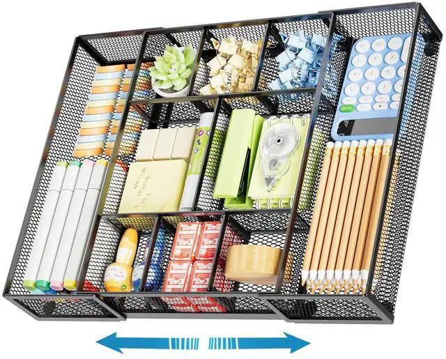 Main image of Expandable Desk Drawer Organizer, Mesh Drawer Organizer Tray with 10 Adjustable Compartments, Desk Organizers and Accessories, 5 Dividers Drawer for Office Supplies, Makeup & Vanity (Black)