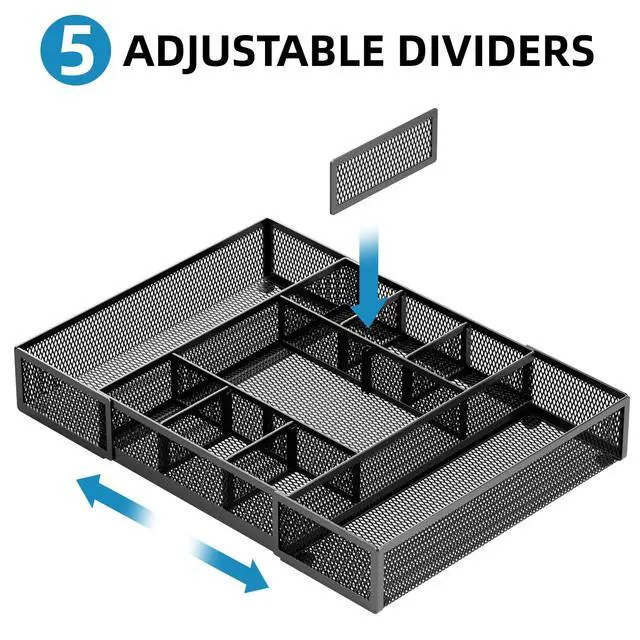Alt view image 3 of 7 - Expandable Desk Drawer Organizer, Mesh Drawer Organizer Tray with 10 Adjustable Compartments, Desk Organizers and Accessories, 5 Dividers Drawer for Office Supplies, Makeup & Vanity (Black)