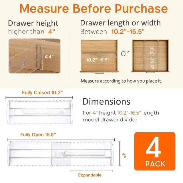 Alt view image 2 of 7 - 4 Pack 4" High Drawer Dividers for Clothes, 10.2"-16.5" Expandable Dresser Drawer Organizers, Adjustable Plastic Clear Drawer Separators for Kitchen, Baby Clothing, Socks, Underwear, Bedroom
