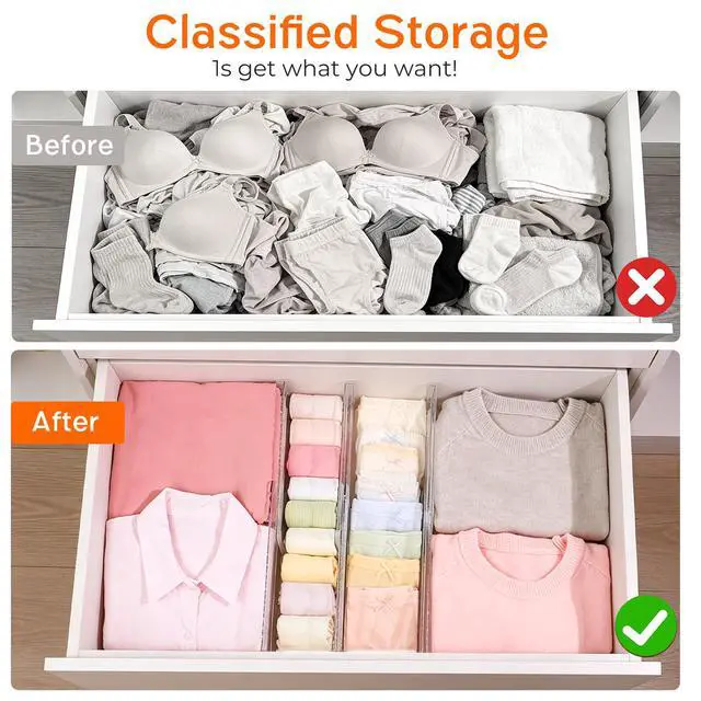 Alt view image 3 of 7 - 4 Pack 4" High Drawer Dividers for Clothes, 10.2"-16.5" Expandable Dresser Drawer Organizers, Adjustable Plastic Clear Drawer Separators for Kitchen, Baby Clothing, Socks, Underwear, Bedroom