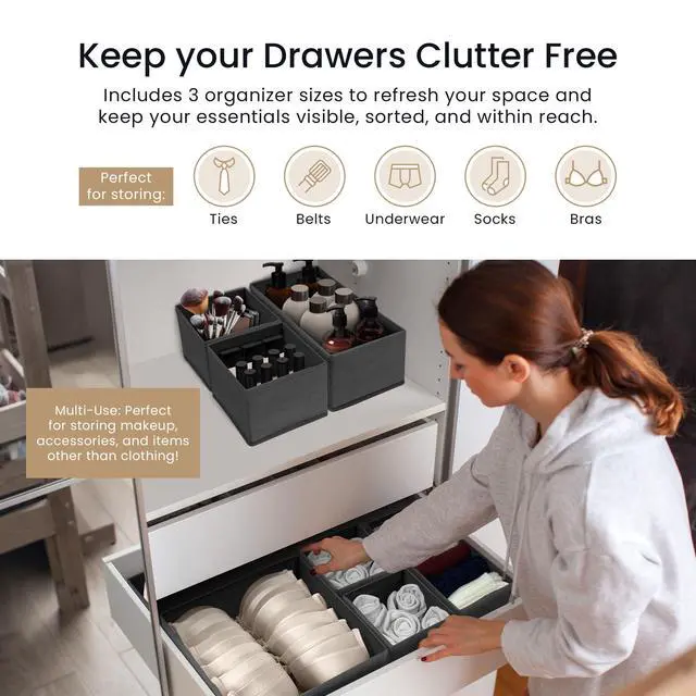 Alt view image 3 of 7 - Drawer Organizers (7 Pack) | Storage Dividers, Dresser Dividers & Organization Bins for Clothes, Baby Nursery | Foldable Fabric Drawer Containers for Bras, Socks, Underwear (Gray)