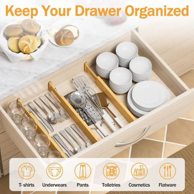 Alt view image 2 of 7 - Bamboo Drawer Dividers, Adjustable Organizer for Kitchen & Bedroom, Expandable 17-22" Drawer Separators, 4-Pack