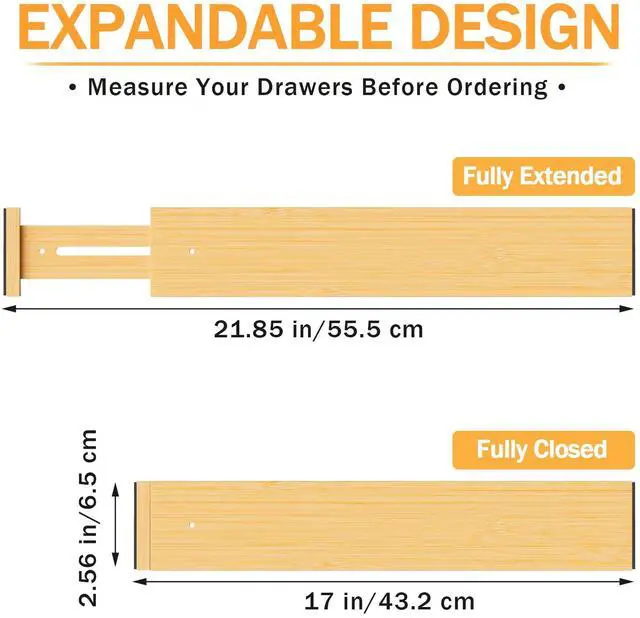 Alt view image 3 of 7 - Bamboo Drawer Dividers, Adjustable Organizer for Kitchen & Bedroom, Expandable 17-22" Drawer Separators, 4-Pack
