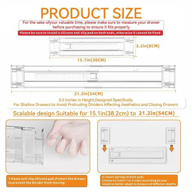 Alt view image 2 of 7 - 4 Pack 3.2 Inch Shallow Acrylic Drawer Dividers for Clothes,Expandable Deep Dresser Dividers From 15 to 21'',Adjustable Drawer Separators for Dresser,Nursery and Baby Clothing,Sock,Underwear