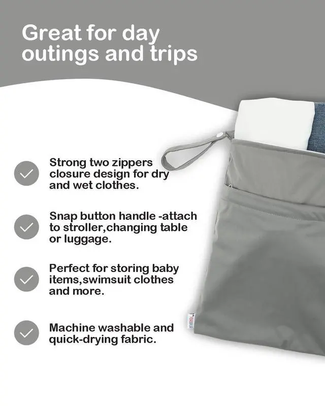 Alt view image 4 of 5 - BABY 2pcs Cloth Diaper Wet Dry Bags Waterproof Reusable with Two Zippered Pockets Travel Beach Pool Daycare Soiled Baby Items Yoga Gym Bag for Swimsuits or Wet Clothes