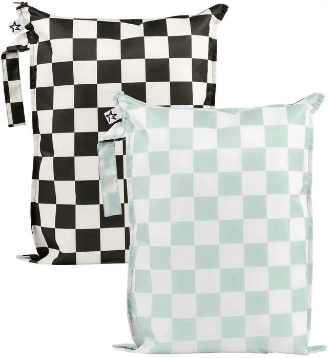 Main image of Mess Proof Wet Bags | 2-Pack Reusable Waterproof Wet Bags for Swimsuits | Baby Clothes | Travel & Diaper Bag (Black, Green Checkers)