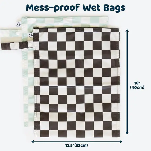 Alt view image 2 of 7 - Mess Proof Wet Bags | 2-Pack Reusable Waterproof Wet Bags for Swimsuits | Baby Clothes | Travel & Diaper Bag (Black, Green Checkers)
