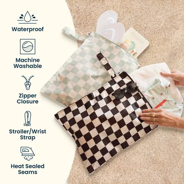 Alt view image 3 of 7 - Mess Proof Wet Bags | 2-Pack Reusable Waterproof Wet Bags for Swimsuits | Baby Clothes | Travel & Diaper Bag (Black, Green Checkers)