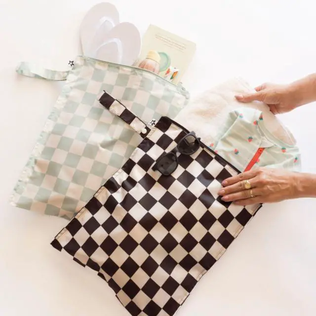 Alt view image 7 of 7 - Mess Proof Wet Bags | 2-Pack Reusable Waterproof Wet Bags for Swimsuits | Baby Clothes | Travel & Diaper Bag (Black, Green Checkers)