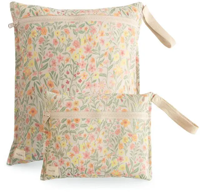 Main image of Water Resistant Wet Bags | Large & Small Reusable Storage Bag for Baby Items and Travel | Zippered Pockets with Handle | Machine Washable, Set of 2 (Pastel Blooms)