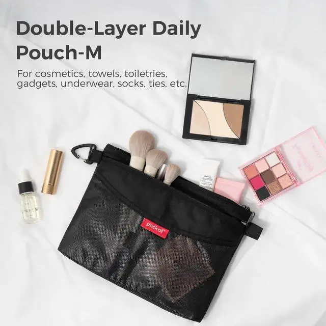 Alt view image 2 of 7 - Double-layered Water-Resistant Zipper Pouch, Mesh Zipper Bags for Storage, Travel, Office & Home Organization (Black, Medium)