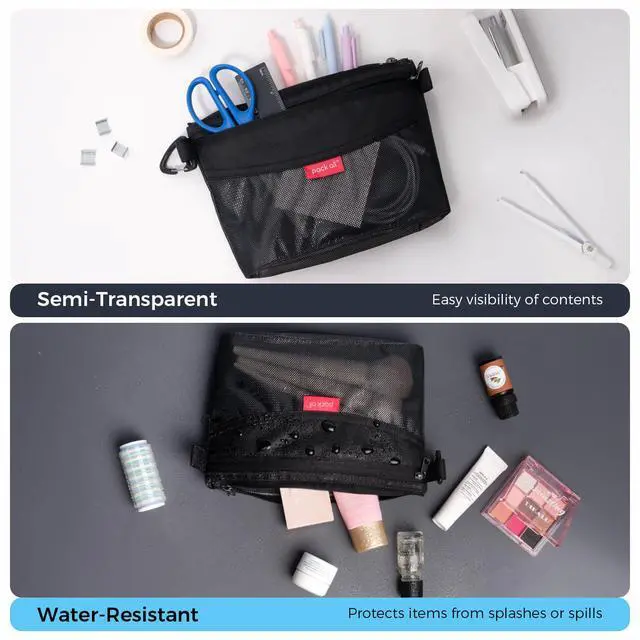 Alt view image 3 of 7 - Double-layered Water-Resistant Zipper Pouch, Mesh Zipper Bags for Storage, Travel, Office & Home Organization (Black, Medium)
