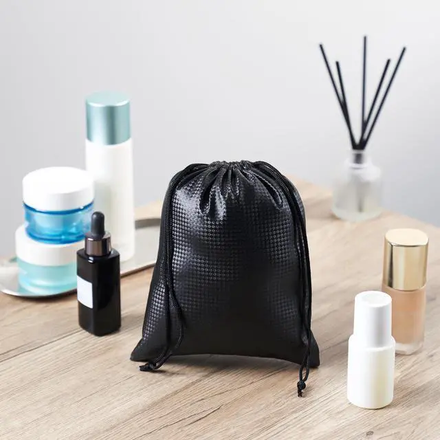 Alt view image 5 of 7 - Tech-Weave PU-Coated Drawstring Bags (Set of 5) Water-Resistant, Directional-Stretch Travel Organizers for Phone, Toiletries, Tech Gear, Collections - Wipe-Clean (Black 3D, 5 x 7 Inch)