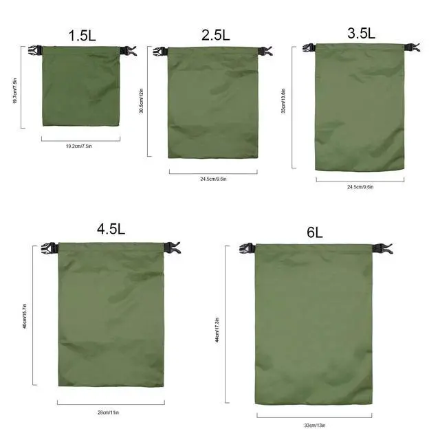 Alt view image 4 of 7 - Set of 5 Sizes Roll Top Waterproof Dry Bag Kit Storage Compression Bag Sack Poch Packing Organizers Water Resistant Camping Travel - Forestgreen