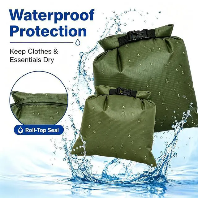 Alt view image 5 of 7 - Set of 5 Sizes Roll Top Waterproof Dry Bag Kit Storage Compression Bag Sack Poch Packing Organizers Water Resistant Camping Travel - Forestgreen