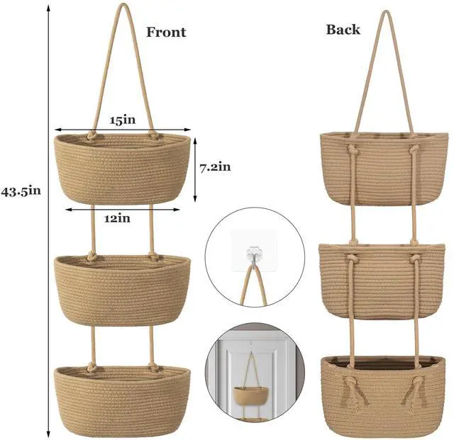 Alt view image 2 of 7 - 3 Tier Wall Mounted Woven Hanging Basket, Over the Door Hanging Basket with Hooks, Decorative Storage Hanging Closet Removable, Large Wall Basket for Living Room, Bedroom, Kitchen (Brown)