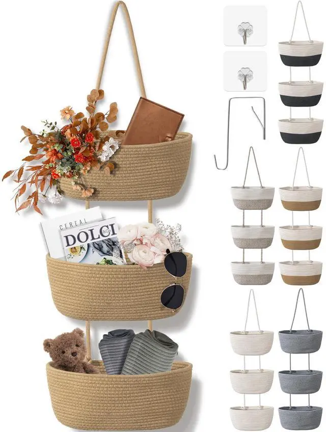 Main image of 3 Tier Wall Mounted Woven Hanging Basket, Over the Door Hanging Basket with Hooks, Decorative Storage Hanging Closet Removable, Large Wall Basket for Living Room, Bedroom, Kitchen (Brown)