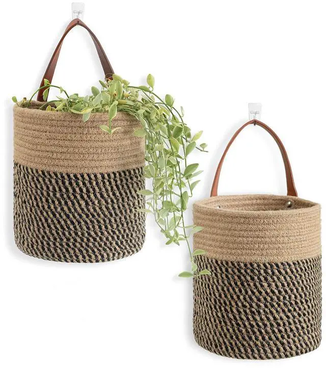 Main image of 2pack Jute Rope Hanging Basket - 7.87" x 7" Small Woven Fern Wall Hanging Basket Flower Plants, Woven Storage, Black and Jute