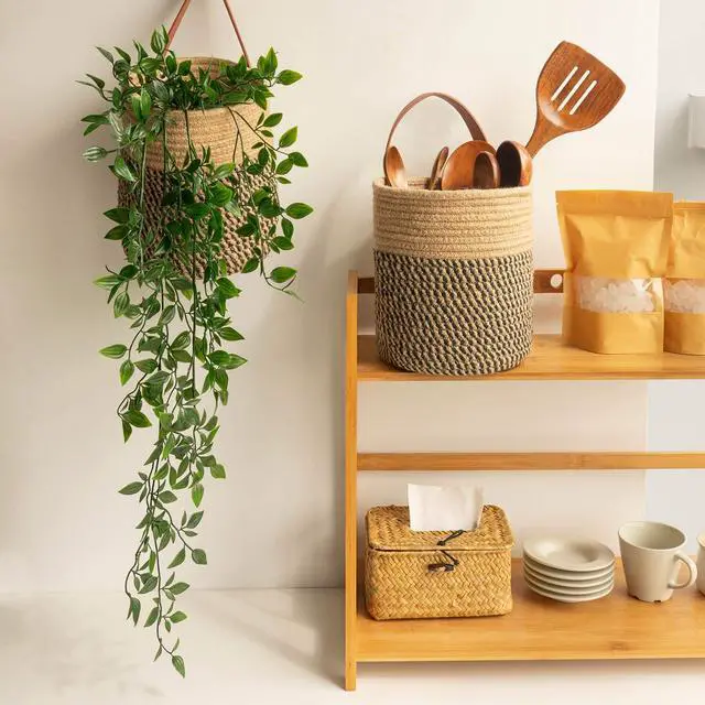 Alt view image 4 of 7 - 2pack Jute Rope Hanging Basket - 7.87" x 7" Small Woven Fern Wall Hanging Basket Flower Plants, Woven Storage, Black and Jute