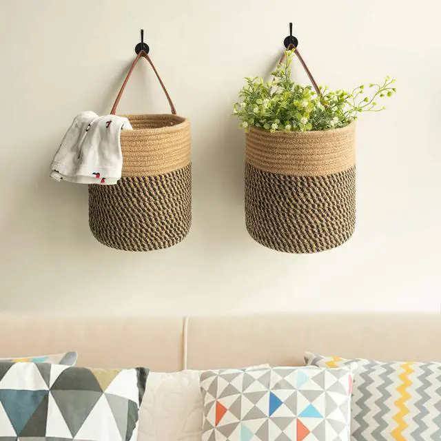 Alt view image 3 of 7 - 2pack Jute Rope Hanging Basket - 7.87" x 7" Small Woven Fern Wall Hanging Basket Flower Plants, Woven Storage, Black and Jute
