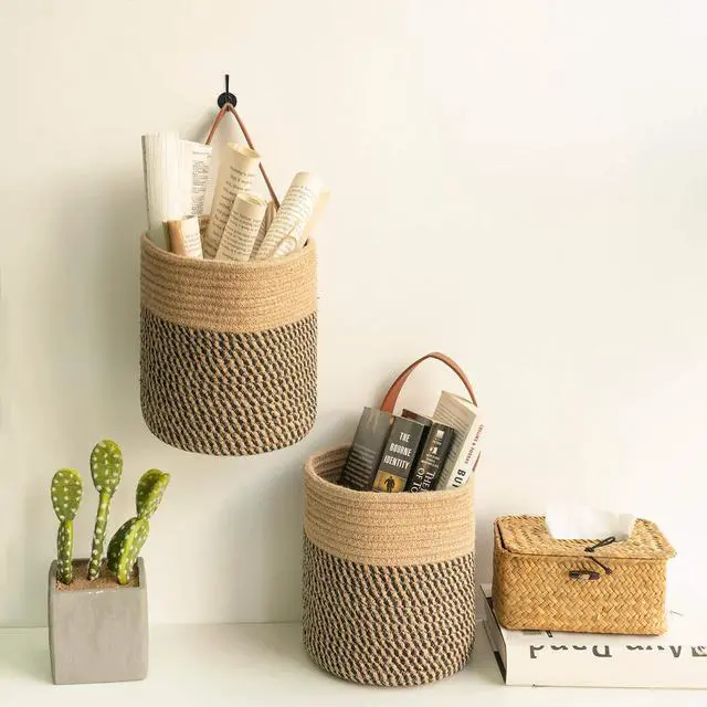 Alt view image 7 of 7 - 2pack Jute Rope Hanging Basket - 7.87" x 7" Small Woven Fern Wall Hanging Basket Flower Plants, Woven Storage, Black and Jute