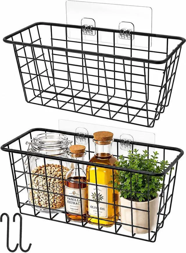 Main image of Hanging Kitchen Baskets, 2 Pack Wire Storage Basket Over Cabinet Door Organizer with Adhesive Hooks, No Drilling Pantry & Cabinet Organization for Kitchen Bathroom, Extra 2 Hooks, Black