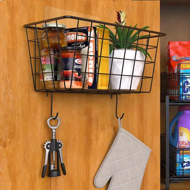 Alt view image 2 of 7 - Hanging Kitchen Baskets, 2 Pack Wire Storage Basket Over Cabinet Door Organizer with Adhesive Hooks, No Drilling Pantry & Cabinet Organization for Kitchen Bathroom, Extra 2 Hooks, Black