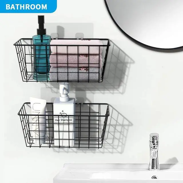 Alt view image 6 of 7 - Hanging Kitchen Baskets, 2 Pack Wire Storage Basket Over Cabinet Door Organizer with Adhesive Hooks, No Drilling Pantry & Cabinet Organization for Kitchen Bathroom, Extra 2 Hooks, Black