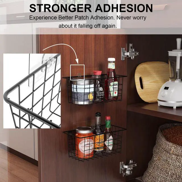 Alt view image 4 of 7 - Hanging Kitchen Baskets, 2 Pack Wire Storage Basket Over Cabinet Door Organizer with Adhesive Hooks, No Drilling Pantry & Cabinet Organization for Kitchen Bathroom, Extra 2 Hooks, Black