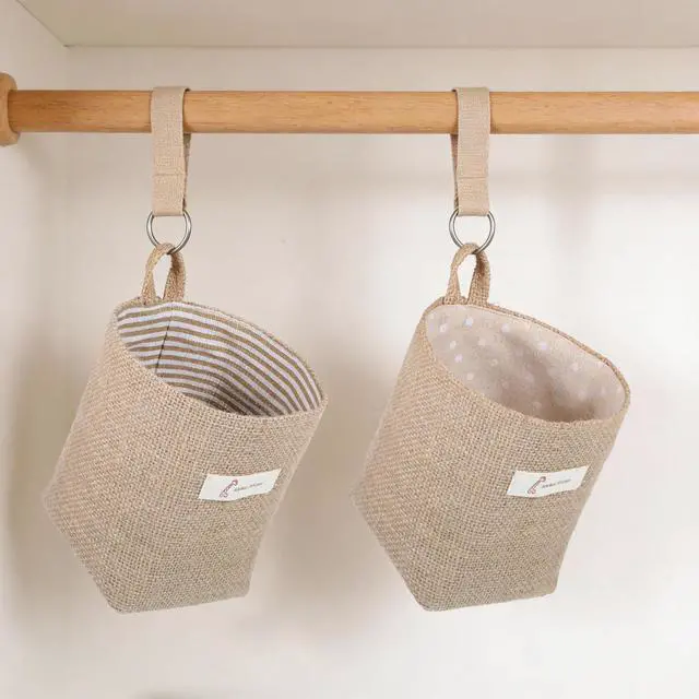 Alt view image 7 of 7 - 2 Pack Hanging Basket for Door, Small Jute Wall Storage, Hanging Storage Bags Cotton Linen Boho Camper Decor for Keys, Flower Plants, Wallet