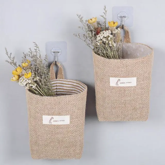 Alt view image 5 of 7 - 2 Pack Hanging Basket for Door, Small Jute Wall Storage, Hanging Storage Bags Cotton Linen Boho Camper Decor for Keys, Flower Plants, Wallet