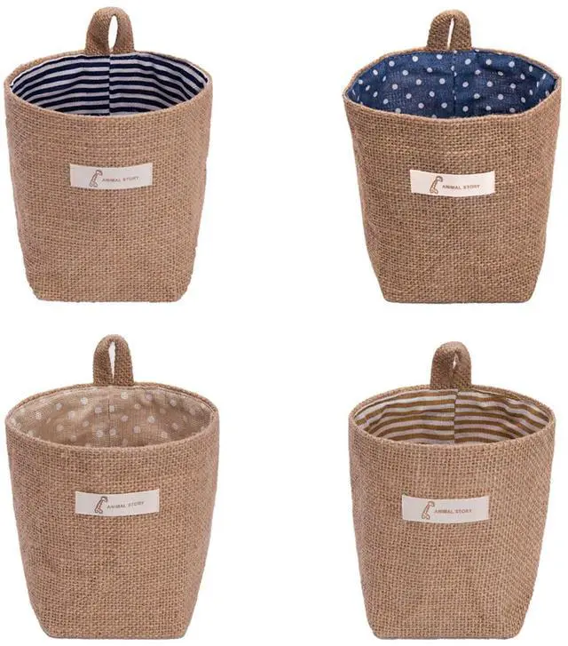 Main image of 4 Pack Wall Hanging Storage Bags Hanging Storage Bags Cotton Linen Storage Basket Foldable Wall Hanging Basket Family Organizer Box Decorative Bag (Color as Shown)3.93 * 3.93 * 5.31
