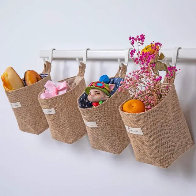 Alt view image 3 of 7 - 4 Pack Wall Hanging Storage Bags Hanging Storage Bags Cotton Linen Storage Basket Foldable Wall Hanging Basket Family Organizer Box Decorative Bag (Color as Shown)3.93 * 3.93 * 5.31